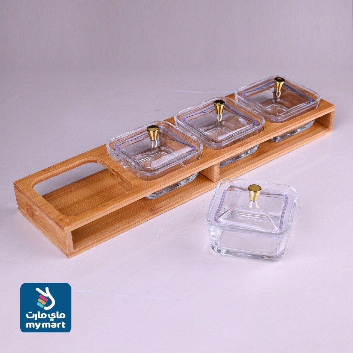 صحن مكسرات زجاج مع استاند خشب 4خانة MS-2228-B صحن مكسرات زجاج مع استاند خشب 4خانة MS-2228-B