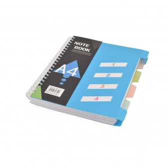 English wire notebook, divided into 4 dividers, 200 sheets, A4, soft cover, colors