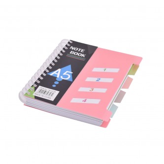 English wire notebook, divided into 4 dividers, 200 sheets, A5, soft cover, colors