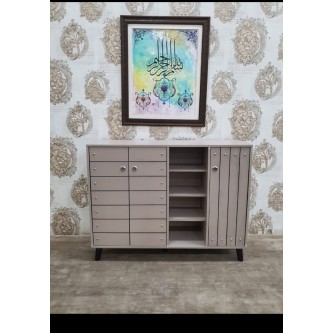 Beige wood shoe cabinet, 3 doors, 120 x 35 x 92 cm