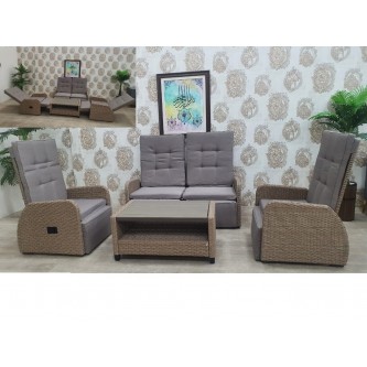 An outdoor seating set for 4 people with beige lounge chairs