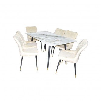 Ceramic dining table with 6 chairs beige AF-1