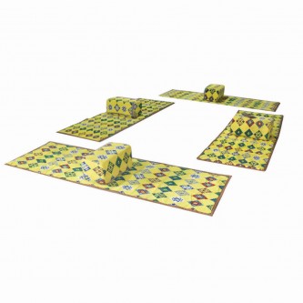 A travel and camping mattress set with four yellow foldable mattresses