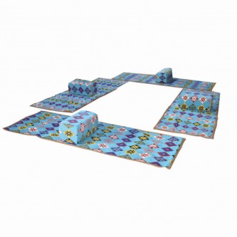 A set of travel and camping mattresses with four foldable mattresses in blue