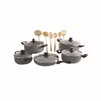 Queen granite cooking pots set with glass lid, 16 pieces, gray GC08