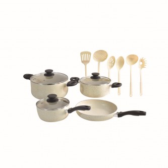 Queen granite cooking pots set with glass lid, 13 pieces, beige GC04