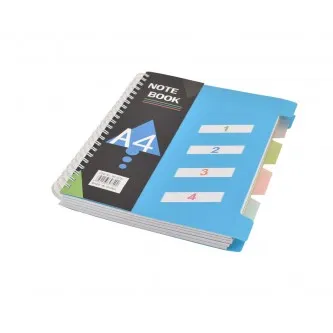 دفتر سلك انجليزي مقسم 4 فواصل 200 ورقة A4 بغلاف لين , الوان 