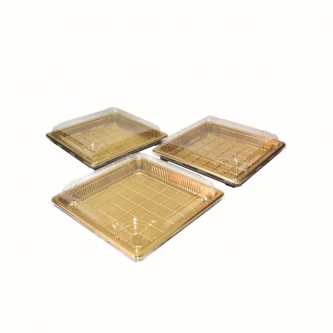 طقم صحون حلا بلاستيك ذهبي بغطاء شفاف مربع 3 قطعة AF-501809