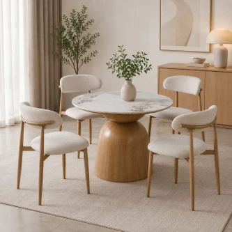 طاولة طعام سيراميك دائري 4 كرسي M-029 WHITE/WOOD