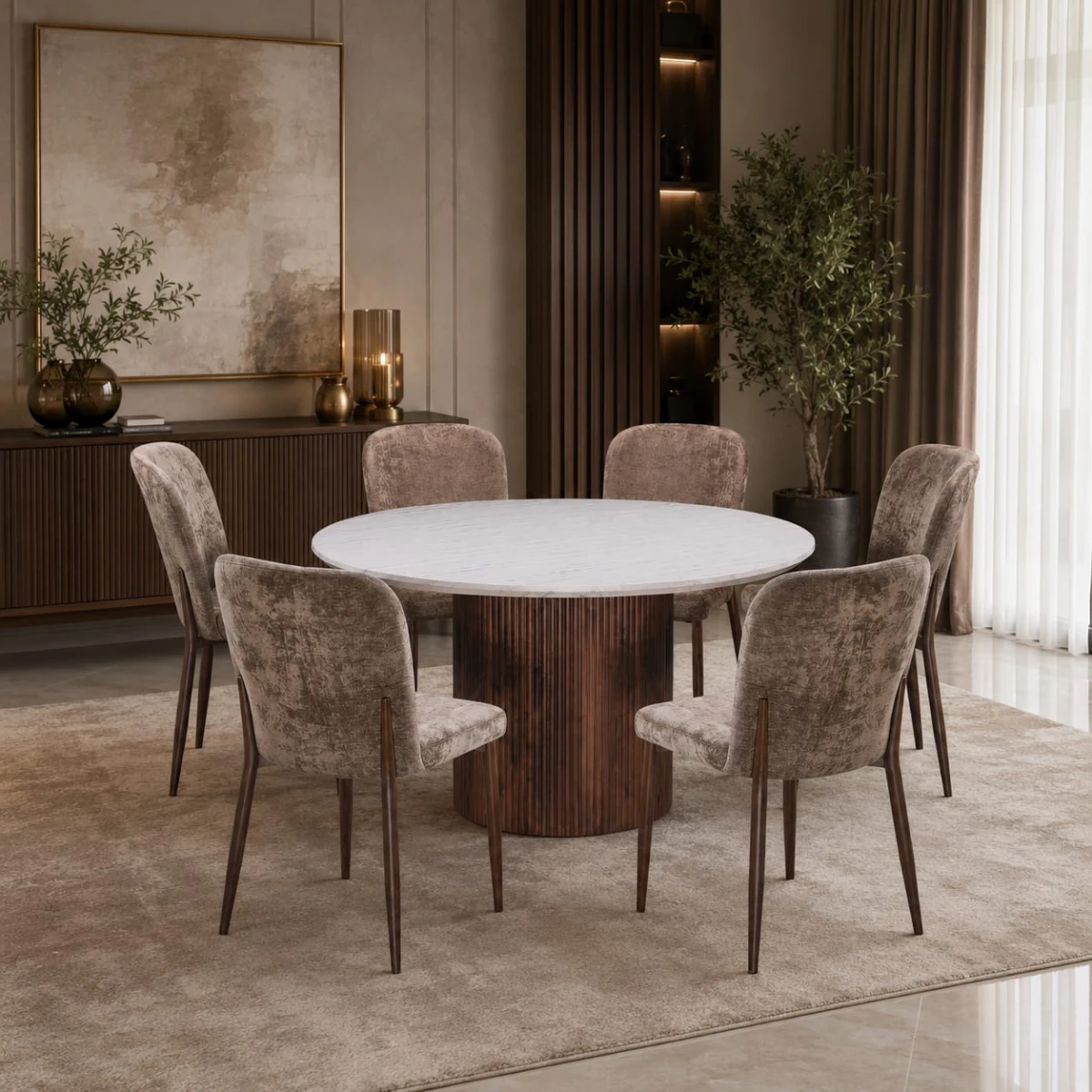 طاولة طعام بديل رخام دائري 6 كرسي M-036 BROWN/BROWN