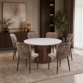طاولة طعام بديل رخام دائري 6 كرسي M-036 BROWN/BROWN