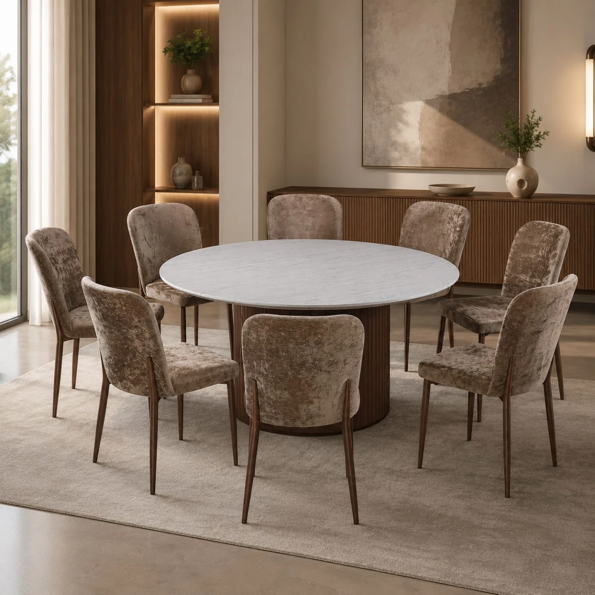 طاولة طعام بديل رخام دائري 8 كرسي M-036 BROWN/BROWN