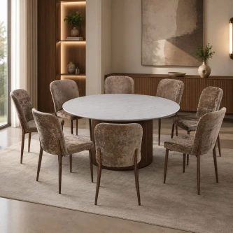 طاولة طعام بديل رخام دائري 8 كرسي M-036 BROWN/BROWN